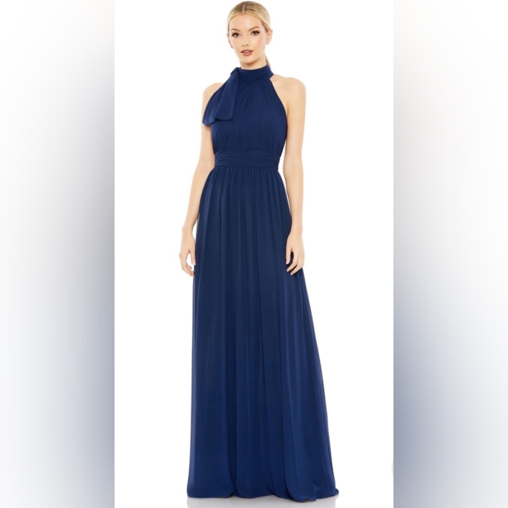 Ieena for Mac Duggal 55035 Size 10 Blue Halterneck Bow Shoulder Maxi Gown NWT
